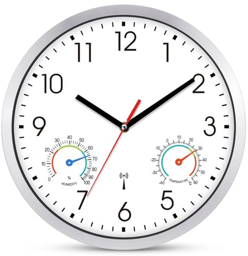 Ziprote Wanduhr Funk Uhr Mit Temperaturanzeige und Luftfeuchtigkeit Weiß Funkwanduhr Geräuschlos 25cm Modern Wanduhren Funkuhr Wand Lautlos für Wohnzimmer KüChe Schlafzimmer Büro (Weiß)