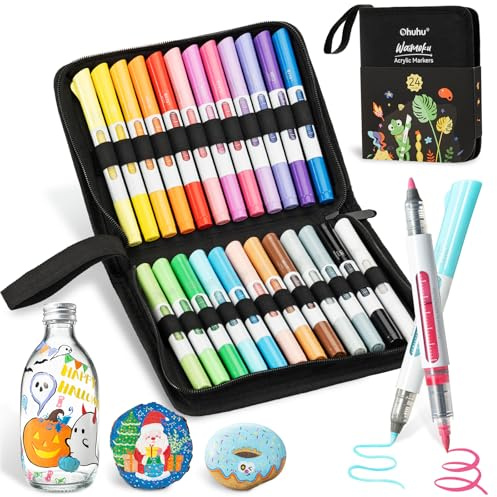 Ohuhu Acrylstifte mit Automatische Tinte, 24 Farben, doppelte Spitzen(Pinsel und Rundspitze) hohe Deckkraft Wasserfest lichtecht Acrylic Marker für Steine Bemalen Ostereier Holz Glas Keramik Leinwand