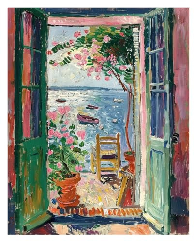 1 St Öppet Fönster Tryck Stil Fauvism Målning Hav Apelsinträd Kustnära Utsikt Canvas Affisch