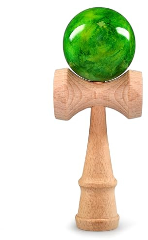 Ganzoo Kendama Modello Green Flash in faggio, Gioco Tradizionale Giapponese con Palla 6 cm collegata a Cordino Nylon, 3 Coppe di Cattura e Punta, bilanciamento per Trick, precisione e Controllo