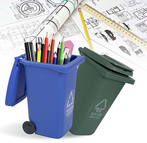 Enshey 2 pcs Mini Wheelie Bin TRASH & RECYCLE Can Novelty Office Desk Tidy Worktop Tools Desktop Stationery Organiser Storage Box Kids Pen Pot Holder Creative Gift