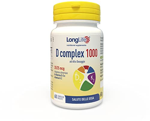 LongLife® D complex 1000 | Integratore vitamina D3 e vitamina K2 naturale | Alto dosaggio | Benessere ossa e articolazioni | Difese immunitarie | Fino a 2 mesi di trattamento | Senza glutine e kosher