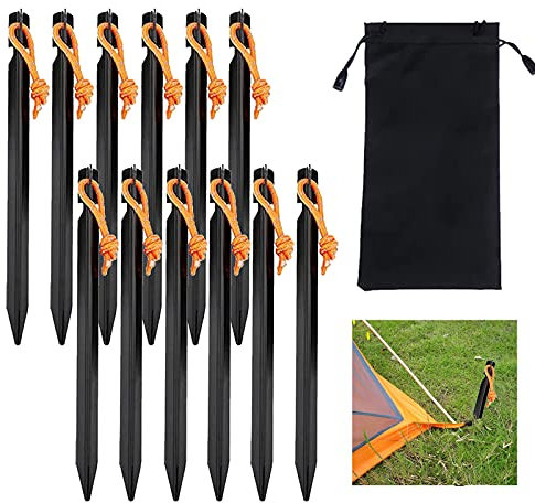 Camping Heringe, 12 Stück Metall Heringe Erdnägel Aluminium Zeltheringe Legierung Zelt Stakes Pegs Schwarz Zelthaken Sandheringe mit Reflektierende Seil