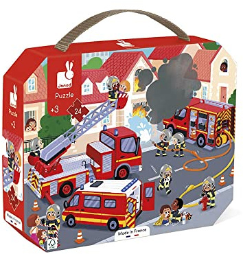 Janod - Puzzle Bambini Pompieri 24 Pezzi - Gioco Educativo Abilità Fino-Motorie e Concentrazione - Valigetta con Impugnatura - Fabbricato in Francia e Certificato FSC - Dai 3 Anni, J02605