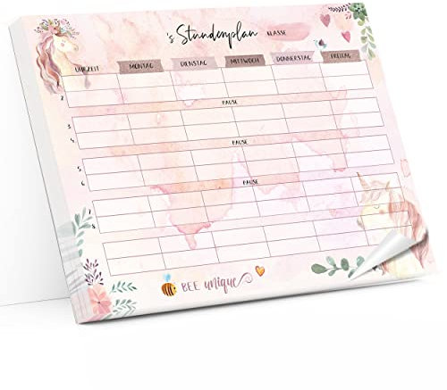 Stundenplan Schule Einhorn Design - Mädchen Unicorn Rosa Stundenplan Block | Grundschule Stundenplaner aus DIN A4 Papier | Wochenplaner für Kinder ab der 1 Klasse (Einhorn Block)