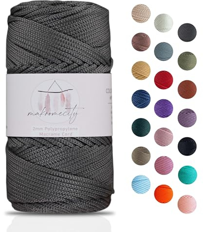 Makromecity, Polyester Macrame Cord 2mm x 125 Yards (375 feet) 2mm Polypropylene Macrame Cord Crochet Macrame Bag Cord Crafts for Wall Hangings, Bags, Underplate, Rug (1, Anthracite)