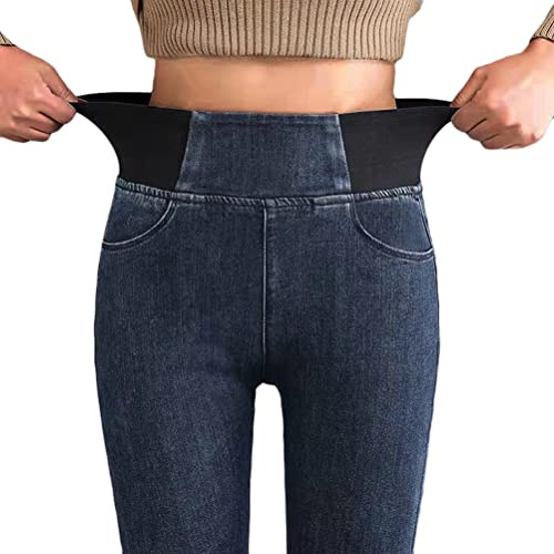 Onsoyours Leggings da Donna Imitazione Jeans a Vita Alta Jeggings Pantaloni Casual Tinta Unita Slim Pantaloni Elasticizzati Attillati A Blu Scuro XXL