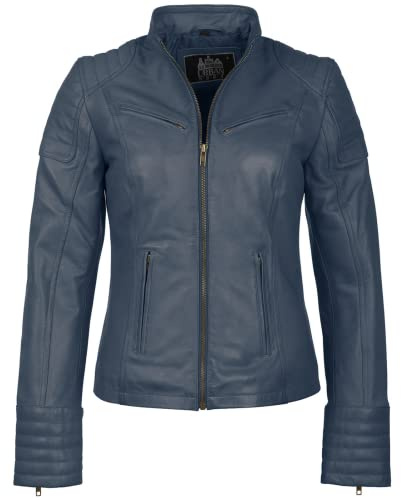 URBAN 5884 Giacca Pelle Donna, Giubbino in Vera Pelle d'Agnello, Modello Corto e Aderente, Pelle Liscia e Morbida, Blu, L