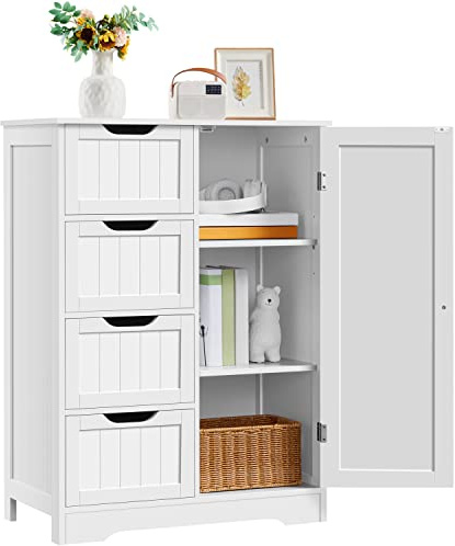 Yaheetech Mobile da Bagno Armadietto Autoportante Salvaspazio Mobiletto Multiuso da Terra in Legno 66 × 35 × 90 cm con 4 Cassetti e Ripiano Regolabile Bianco per Cucina Soggiorno Corridoio