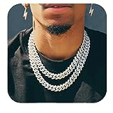 APaztip Mens Cuban Link Chain Silver 20'' Necklace Iced Out Thick Chain For Women Bling Diamond Cut Cuban Link Chains For Men Hip Hop Jewelry