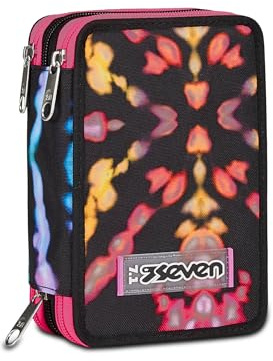 Seven Skolväska 3 dragkedja, Fuchsia svart, Multi-Shade Girl, Pennhållare Trippel Pennhållare Komplett Med Pennor, Pennor, Färger, Ryggsäckstillbehör, Elementär, Medium, Flickor, Fuchsia, Taglia