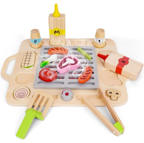 Kinderküche Zubehör Holz, Kindergrill Spielküche Zubehör Holzspielzeüg Kinder BBQ Grill Spielzeug Set Matschküche Kinder Küche zubehör Outdoorküche Rollenspiele Geschenk für Kinder ab 3 Jahre