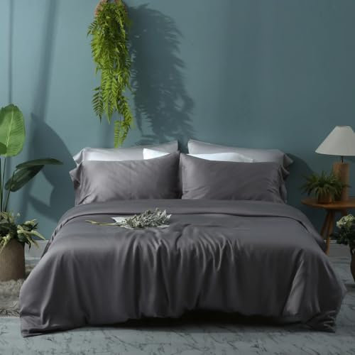 Waterlily 100% Bamboo Lyocell Bedding Set 3 Pcs Duvet Cover & Pillowcases Double King Organic Natural Soft Vegan Silk Luxury Bed Linen (Charcoal, Double)