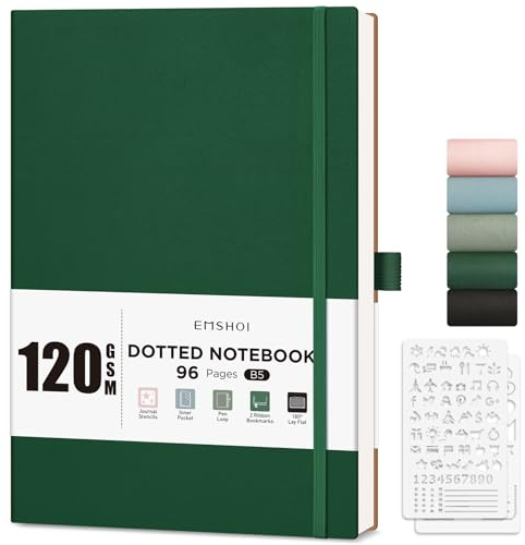 EMSHOI B5 Notebook Dotted Journal - 120gsm Thick Paper, 19.5 x 25.5 cm Large Dot Grid Notebook for Bullet Journaling with 96 Pages, Journal Stencils, Softcover Leather, Inner Pocket, Dark Green