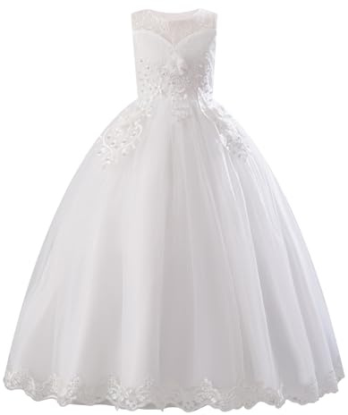IMEKIS Abito da damigella d'onore per bambine, senza maniche, con ricamo floreale, in pizzo, per bambini, elegante, per compleanno, feste, per la prima comunione, per la festa, bianco, 5-6 Anni
