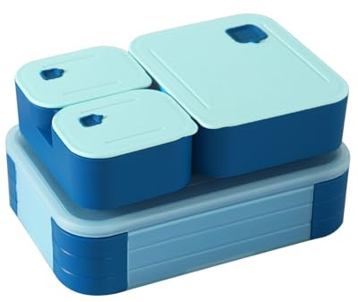 Swkien Bento Lunch Box for Kids, 1100ml Nestable Snack Box with 3 Compartments, Leakproof Lunchbox Microwave & Dishwasher Safe for School, Work, Picnics & Travel - Light Blue