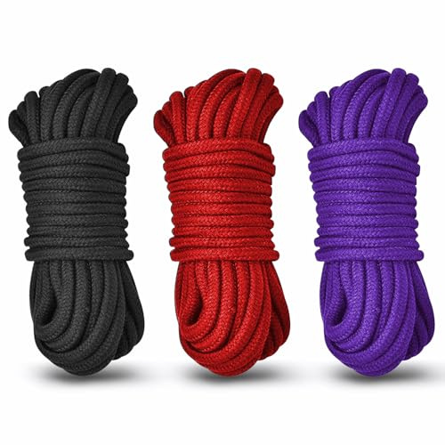 Mehrzweck Abspannseile Wäscheleinen Kordel Kit - Komfort Baumwollkordel, Robustes Kletterseil,8mm Mehrzweckseil Paracord für Zelt Camping Wandern Outdoor, DIY, Dekoration (3x10m, Schwarz/Rot/Violett)