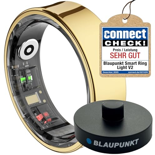 BLAUPUNKT Smart Ring V2 | kein ABO | höchster Datenschutz | Keine Cloudanmeldung | Schritte, Schlaf, Puls, Blutsauerstoff SpO2, Kalorien, HRV, Sport | IP68 | Android und iOS App | Gold | Größe 9