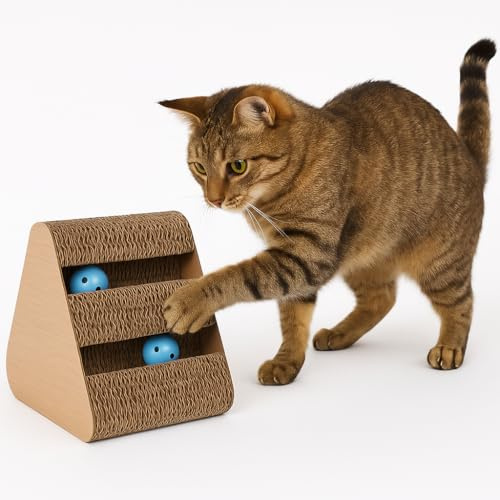 griffoir pour Chat - Jouet griffoir Beli Triangle Brun 20x24,5x24,5 cm - Carton Recyclable - 3 côtés - avec Herbe à Chat - 2 balles avec Clochette - Jouet Chat