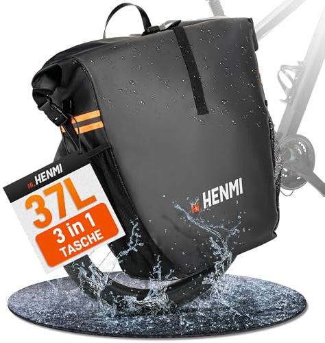 HENMI Fahrradtasche für Gepäckträger, 37L Wasserdicht Fahrrad Gepäckträgertasche mit Reflektoren, 3 IN 1 Fahrrad Taschen Hinten mit Tragegriff Und Schultergurt