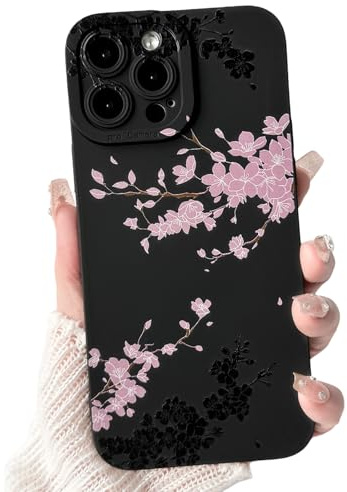 NITITOP Cover per iPhone 15 Pro Max Carina Fiore di Ciliegio Grazioso Sakura per Ragazze Femminile con Antiurto Protezione Fotocamera Resistente Custodia - Nero Rosa