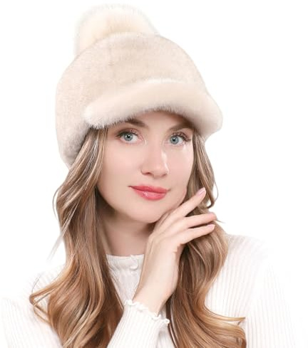 Harssidanzar Cappello Baseball Donna Pelliccia Finta Soffice CL605EU, Beige, Taglia Unica