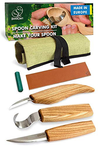 BeaverCraft S13 Holzschnitzerei Werkzeuge Set für Löffelschnitzen 3 Messer in Werkzeugsrolle Abziehriemen mit grüne Polierpaste Hakenmesser Sloyd Messer (rechtshändig Löffelschnitzset)