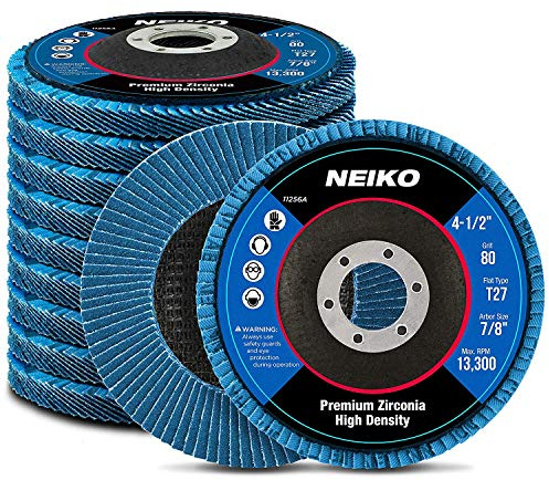 NEIKO 11256A High Density Jumbo Premium Zirconia Flap Disc | 4.5 x 7/8-Inch, 80 Grit, Flat Type #27-10 Pack