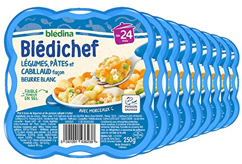 Blédina - Blédichef - Repas Bébé 24 Mois - 9 PlatsLégumes Pâtes Cabillaud - Petits Morceaux - Faible Teneur en Sel - Dès 24 Mois - 9 Assiettes 250g