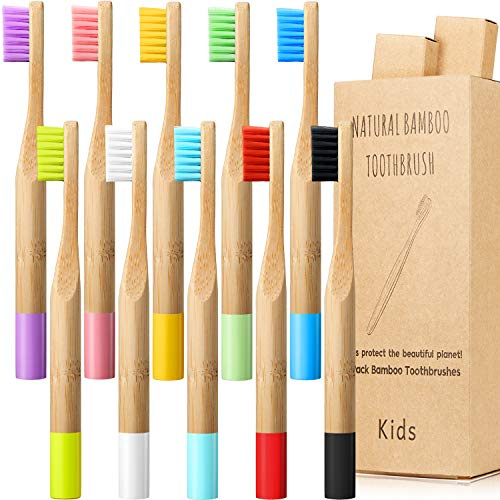 Boao 10 Pieces Kids Bamboo Toothbrush Natural Soft Bristle Toothbrush Wooden Toothbrushes Toddlers Adults Natural Wood Organic Toothbrush BPA-Free Color Travel(Kids)