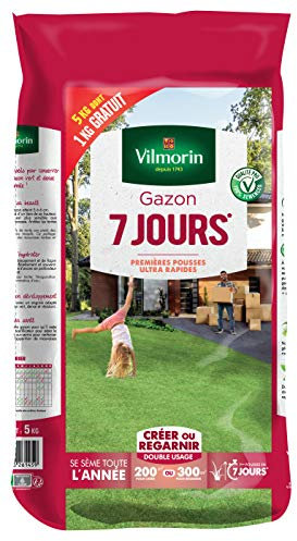 Vilmorin Gazon 7 Jours - Premières pousses dès 1 Semaine - pour créer Un Nouveau Gazon 200m² /regarnir Un Gazon Ancien 300 m²- Installation Ultra-Rapide, se sème Toute l'année -5 kg Dont 1 kg Gratuit