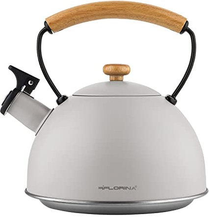 Tetera FLORINA (2,3 l) | Tetera de Acero Inoxidable NATURA| Tetera Flauta con Mango de Madera | Silbato Automático | Tetera para Estufa de Inducción, Estufa de Gas y Estufa Eléctrica | Color: Gris
