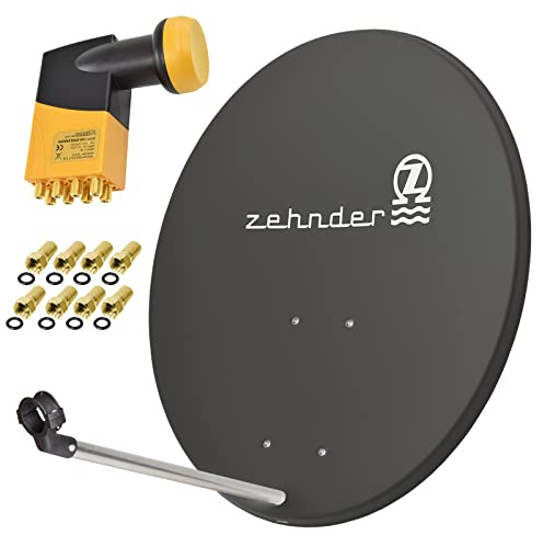 Zehnder 80cm Spiegel Schüssel Stahl + Octo LNB | 8 Teilnehmer HD Digital SAT Anlage Set anthrazit | DVB-S/S2 Full HDTV 3D 4K Ultra HD UHD Empfang
