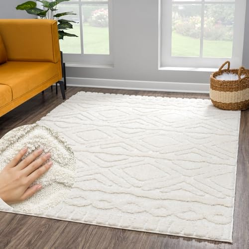 payé Teppich Wohnzimmer Hochflor - 120x170cm - Einfarbig - Pastell Creme - Boho - Modern Raute Ornamente - Skandinavisch Flauschig Weich - Schlafzimmer