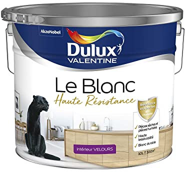 Dulux Valentine Le Blanc Haute Resistance - Peinture Intérieure Murs, Plafonds et Boiseries - Pièces sèches et humides - Velours Blanc 10 L