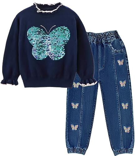 Peacolate 4-7Years Little Baby Girls Pants Set 2pcs Cotton Sequins Butterfly Sweater and EmbroideBlue Bootcut Jeans(Blue butterfly,7Years)