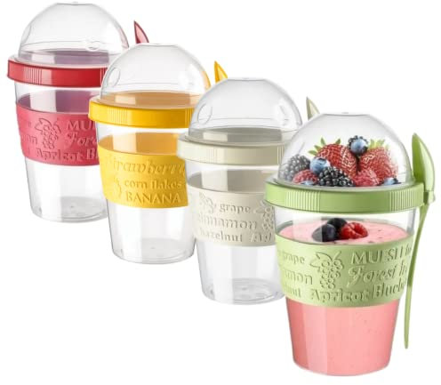 EYNEL Lot de 4 tasses à yaourt avec couvercles et cuillère - Récipient réutilisable en plastique pour lait