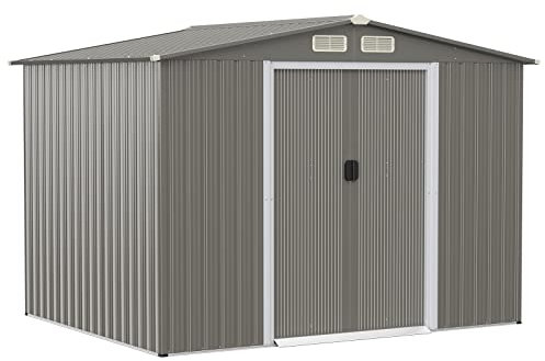 GOPLUS 260 × 207 × 180 cm Gerätehaus mit Fundament, 9,7m³ Geräteschuppen mit Schiebetüren, Lüftungsfenster & Satteldach, Gartenhaus Metall für Garten & Terrasse (Hellgrau)
