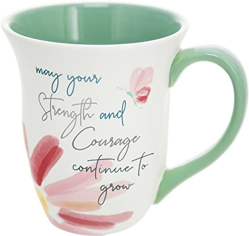 Pavilion Gift Company - Strength & Courage - 16-ounce Large Coffee Cup, Floral Pattern Mug, Mother's Day Gift Idea, Gift Idea For Coworker, 1 Count, White & Teal