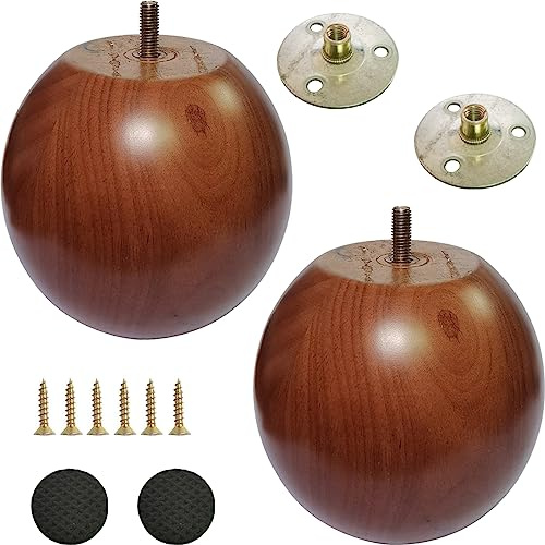 Btibpse 4.3 Inch Wooden Sofa Legs, Solid Wood Round Sofa Furniture Replacement Huge Bun feet, Big Wooden Feet for Cabinet/Desk/Funiture/Bookcase DIY, with Mounting Plate & Screws, 2Pcs