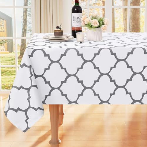 smiry Tischdecke Abwaschbar Rechteckig 140x220cm Tischtuch Polyester Wasserabweisend Lotuseffekt Marokkanisch Tischwäsche Schmutzabweisend Abwischbare Tafeldecke für Outdoor Party Küche,Weiß