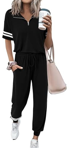 MASCOMODA Womens Two Piece Outfits 2026 Summer Short Sleeve Quarter Zip Pullover Tops Jogging Pants Tracksuit Loungewear Set(Black,X-Large)