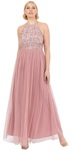 Maya Deluxe Damen Maya Deluxe Womens Ladies Bridesmaid Maxi Dress Halter Neck Sequin Embellished Prom Graduation Wedding Brautjungfernkleid, Vintage Rose,