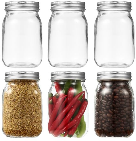 Lot de 6 Bocaux Mason Jar 500 ml en Verre Avec Couvercle - Hermétique pour Confitures, Cornichons, Préparation et Conservation des Repas