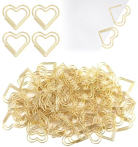 100 Stück Büroklammern Herz Gold, Büroklammern Motiv, Klein Büroklammer Herz, Büroklammer Set für Büro,Schule,Klassenzimmer, Aktenklammer - Herz