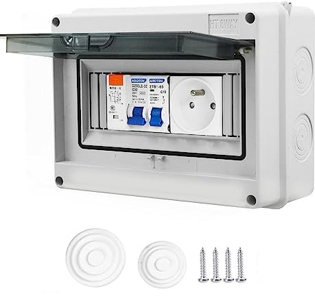 CHENGPI Einzeldurchlass,Coffret électrique étanche IP65 équipé Livré,DZ 30mA AC Interrupteur de Fuite, 1 Disjoncteur 16A,1 prise modulaire 16A 2P+T