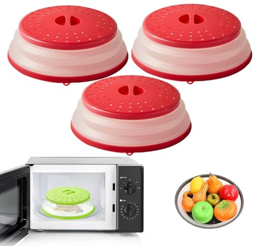 Lot de 3 couvercles pliables pour micro-ondes - 27 cm - Couvercle pour micro-ondes - Protection anti-éclaboussures - Également comme panier filtrant avec trous de vapeur
