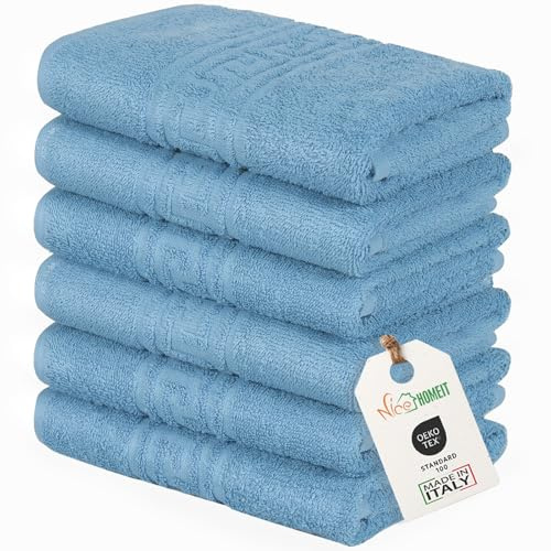 nice homeit Set mit 6 Handtüchern für Gesicht und Hände 40 x 60 cm – Badetücher aus 100% ringgesponnener Baumwolle – extra weich und saugfähig – Made in Italy – Blau
