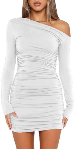 ELFIN Robe Moulante pour Femme Manches Longues Mini Robes Sexy à épaules dénudées plissée Dress Courte Cocktail fête Club Automne