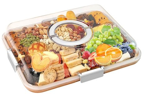 Zinaroty Charcuterie Board with Clear Lid and Handle, Portable Bamboo Snackle Box Container Cutting Board Cheese Board for Picnic, Party, Housewarming Gift (White)